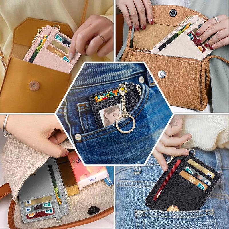 Suweibuke Slim Pocket Wallet, RFID Blocking Credit Card Holder Wallet with D-Shackle ID Window and Detachable keychain for Women (A-Black) - Image 5